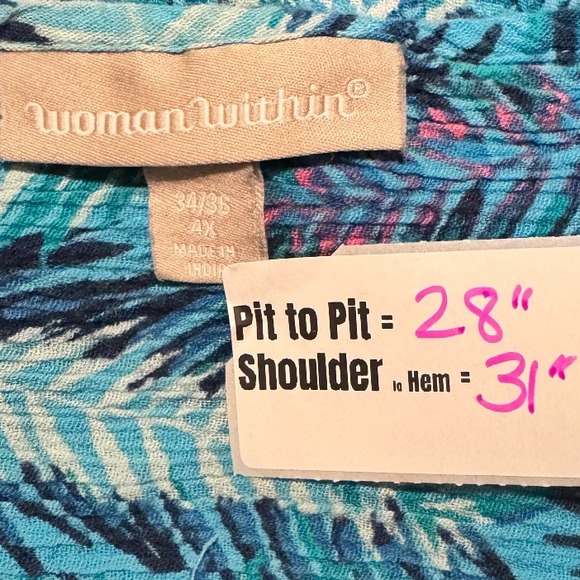 Woman Within Tank Top Sleeveless Button Front Palm Print Blouse 4X - Picture 3 of 5